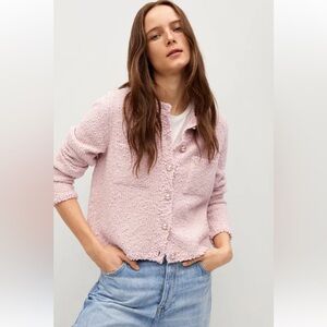 Mango MNG Pocket Tweed Cardigan Pink Boucle Pearl Button Jacket Womens Medium